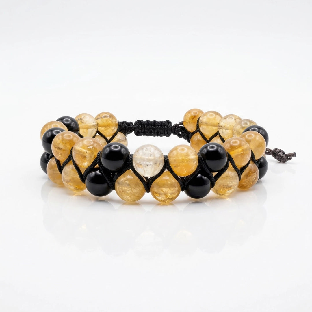 Pulsera con nudo en zic zac con piedras citrino amarillo y piedras ónix masculino 