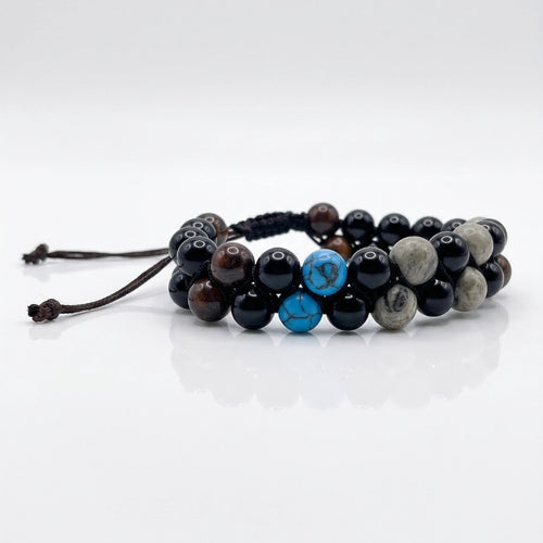 Piedras jaspe como jaspe gris, poppy y turquesas con onix echas con nudo en zic zac para hombres