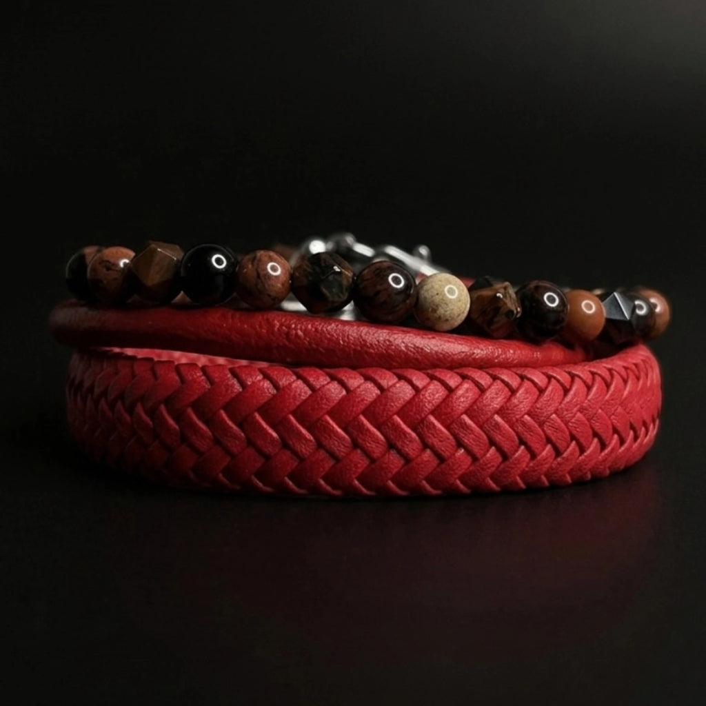 Pack de 3 pulseras masculinas de cuero rojo y piedras naturales jaspe, obsidiana y ojo de tigre.