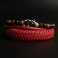 Pack de 3 pulseras masculinas de cuero rojo y piedras naturales jaspe, obsidiana y ojo de tigre.