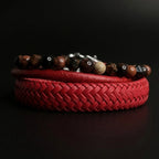 Pack de 3 pulseras masculinas de cuero rojo y piedras naturales jaspe, obsidiana y ojo de tigre.