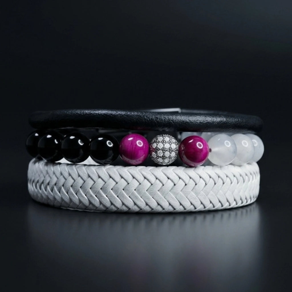 Pack de 3 pulseras de hombre en cuero genuino negro, blanco trenzado y piedra natural ojo de tigre dual.