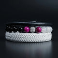 Pack de 3 pulseras de hombre en cuero genuino negro, blanco trenzado y piedra natural ojo de tigre dual.