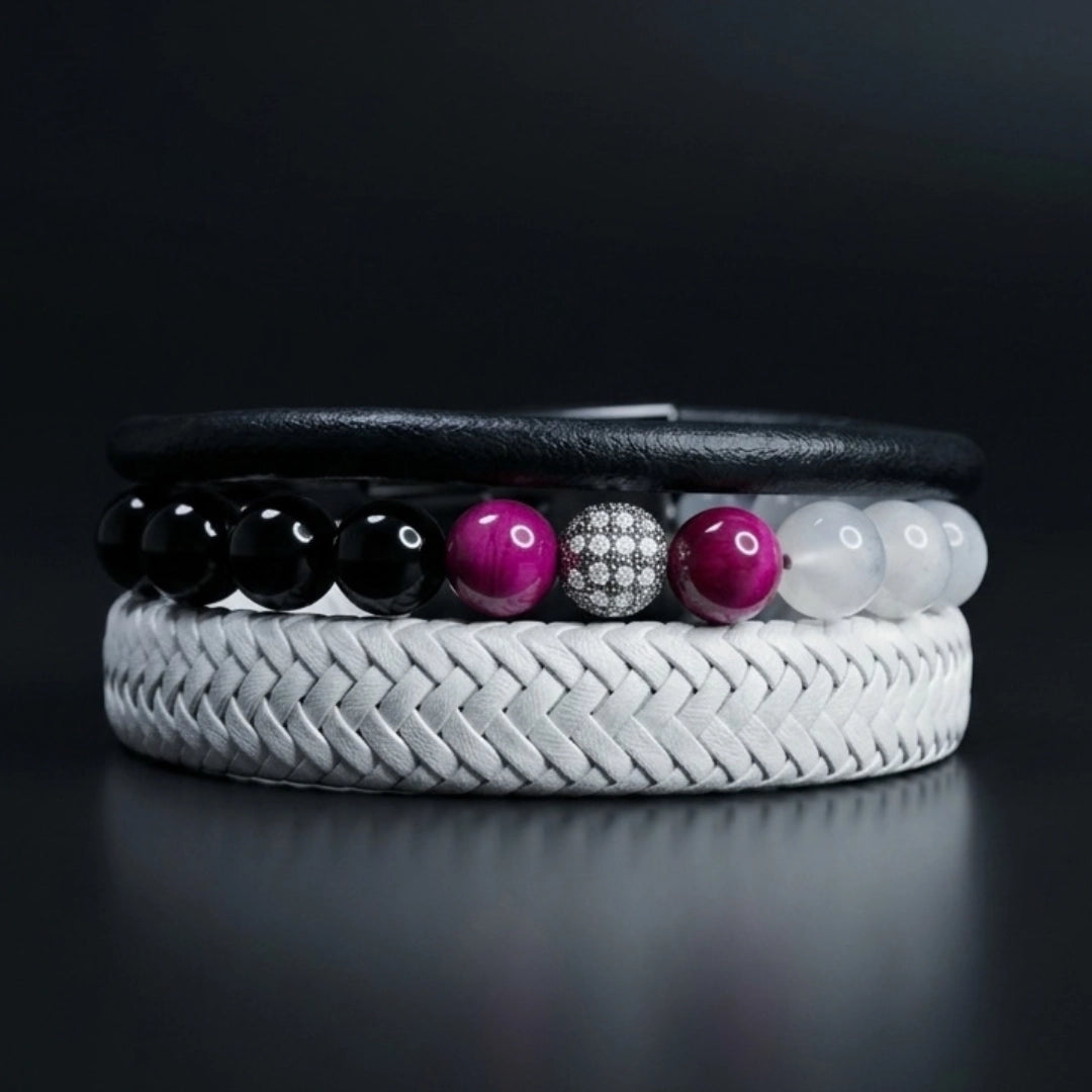 Pack de 3 pulseras de hombre en cuero genuino negro, blanco trenzado y piedra natural ojo de tigre dual.