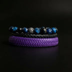 Pack de 3 pulseras para hombre con cuero violeta índigo, cuero negro 5mm y piedras ojo de tigre azul.