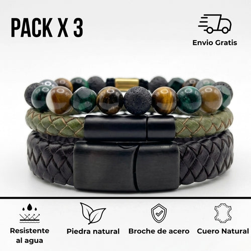 Pack de 3 pulseras para hombre con cuero negro trenzado, cuero verde musgo y piedras de ojo de tigre verde