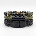 Detalle de broches en acero inoxidable negro mate en pulseras de cuero para hombre KRV
