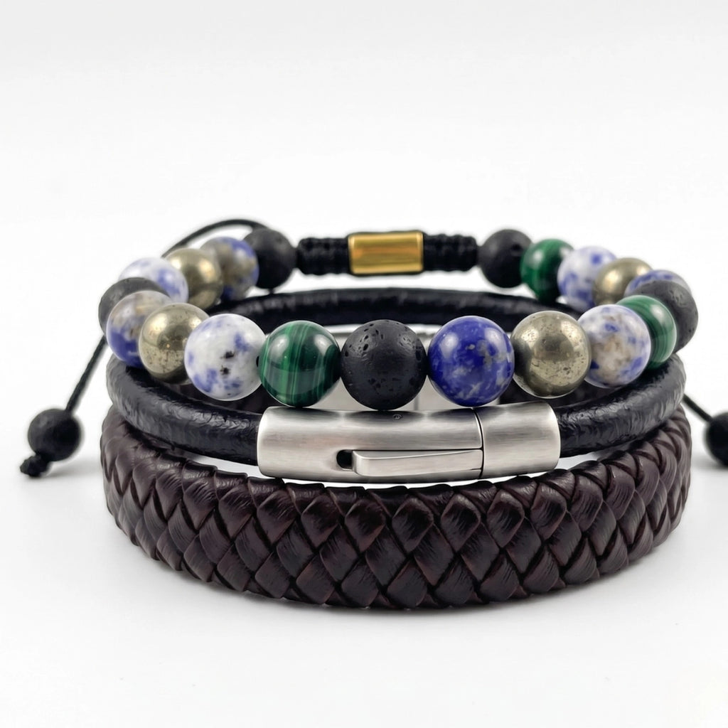 Pack de 3 pulseras KRV para hombre cayendo, combinando cuero y piedras naturales