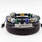 Pack de 3 pulseras KRV para hombre cayendo, combinando cuero y piedras naturales