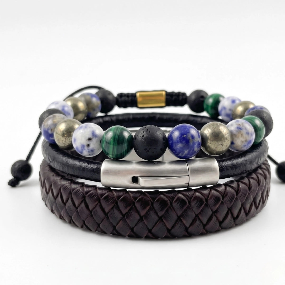 Pack de 3 pulseras KRV para hombre cayendo, combinando cuero y piedras naturales