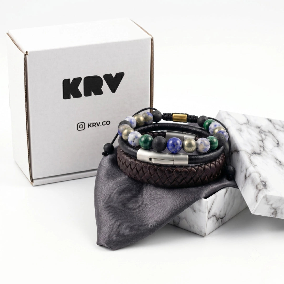 Pack de Pulseras para Hombre: Cuero y Piedras Naturales