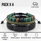 Pack 3 Pulseras Hombre | Cuero Negro, Verde Musgo y Malaquita