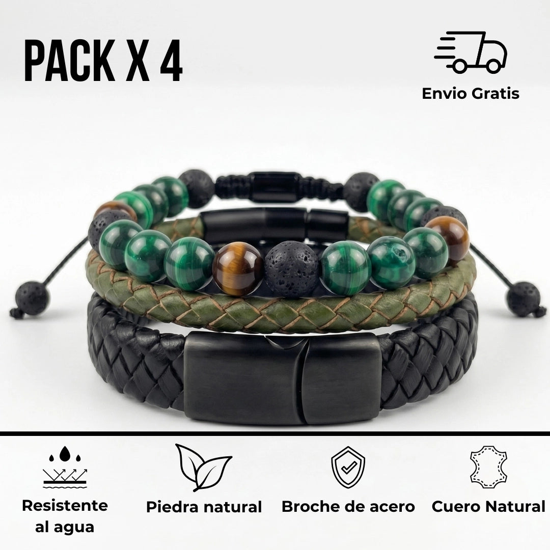 Pack 3 Pulseras Hombre | Cuero Negro, Verde Musgo y Malaquita