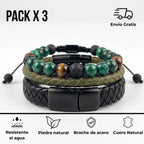 Pack 3 Pulseras Hombre | Cuero Negro, Verde Musgo y Malaquita