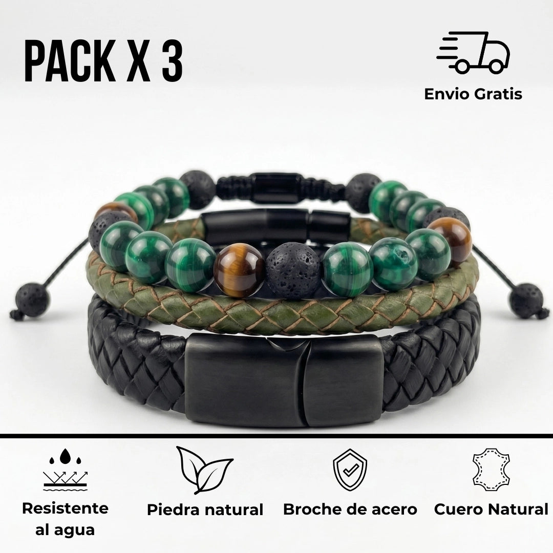 Pack 3 Pulseras Hombre | Cuero Negro, Verde Musgo y Malaquita