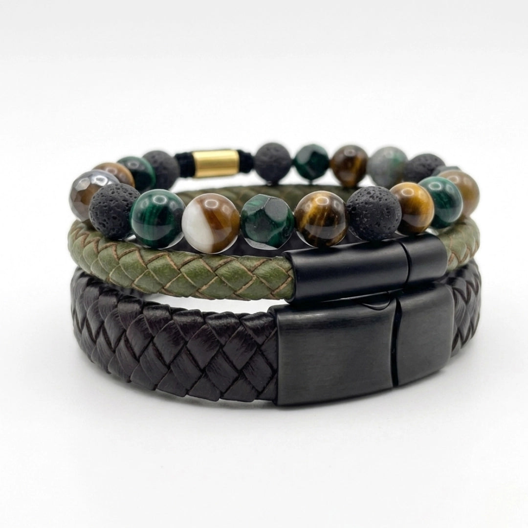 Pulsera de ojo de tigre verde facetado con piedra volcánica y nudo corredizo ajustable para hombre