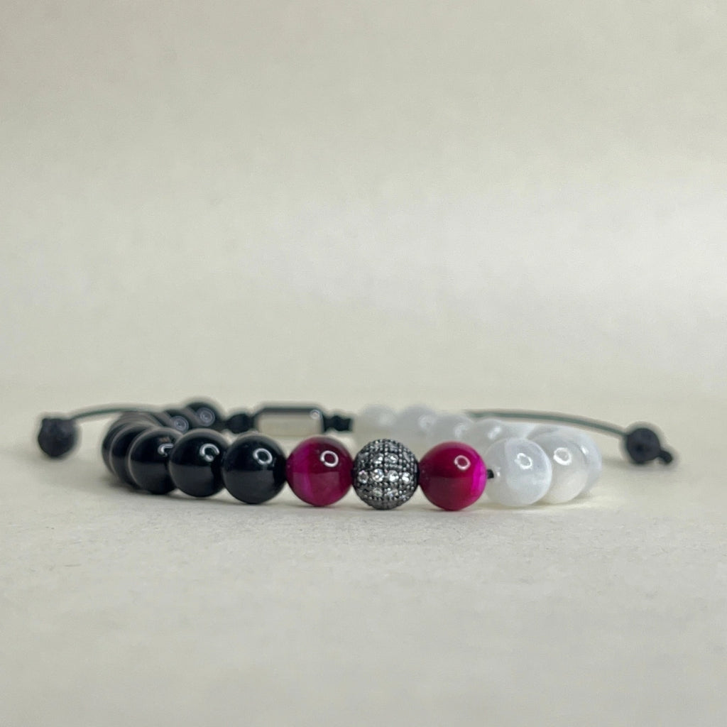 Pulsera ajustable de piedra natural para hombre con turmalina negra, ojo de tigre púrpura y blanco.