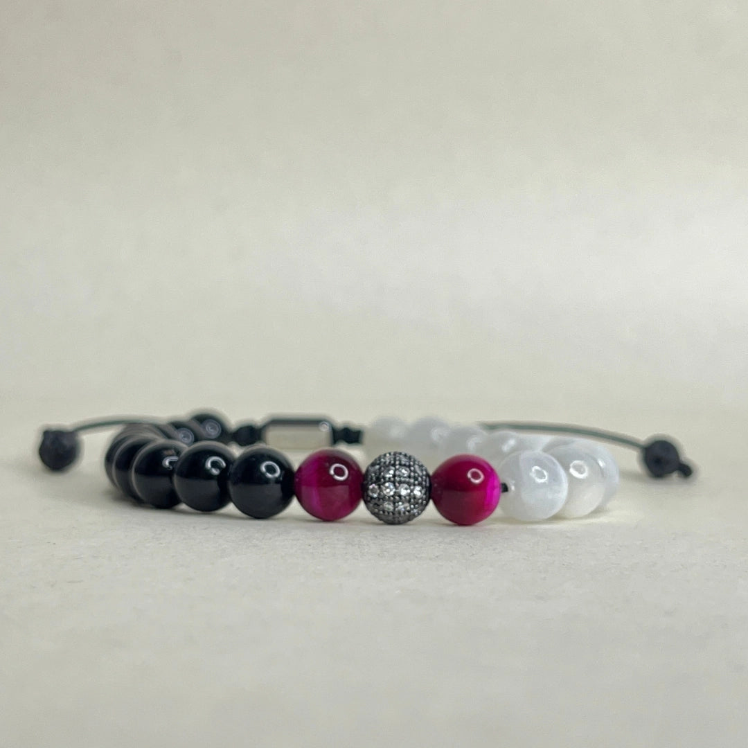 Pulsera ajustable de piedra natural para hombre con turmalina negra, ojo de tigre púrpura y blanco.