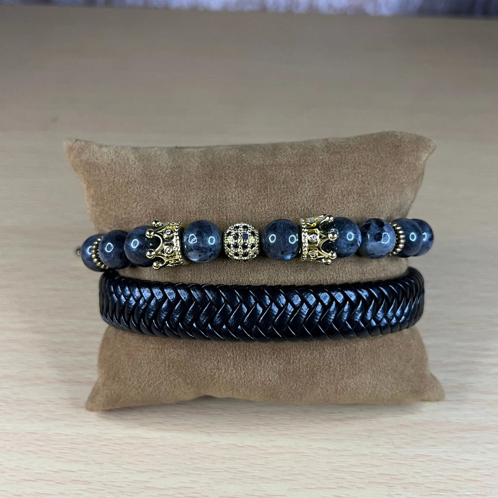 Set 2 pulseras: Cuero genuino y piedra labradorita