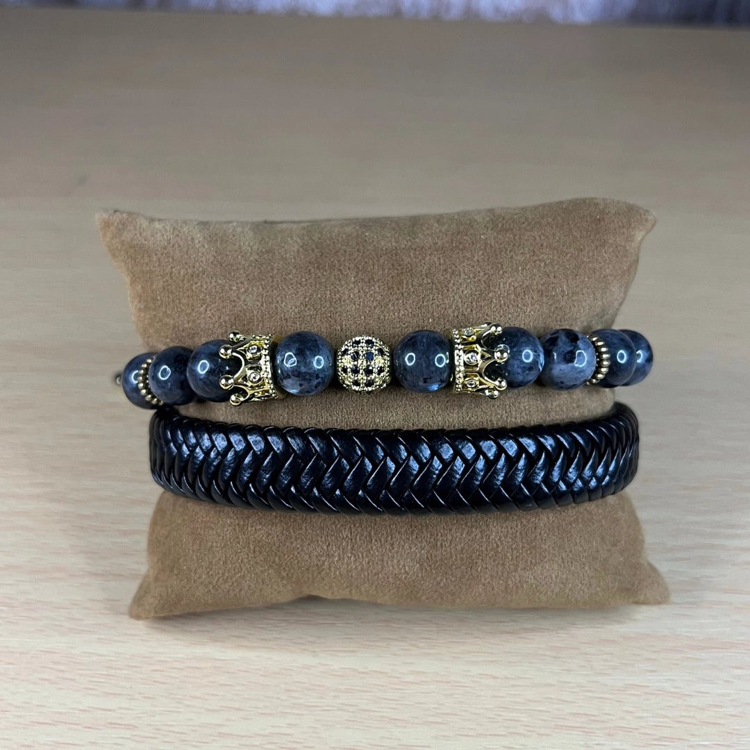 Set 2 pulseras: Cuero genuino y piedra labradorita