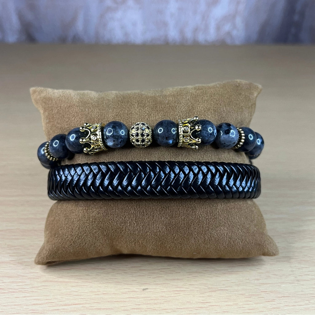 Set 2 pulseras: Cuero genuino y piedra labradorita