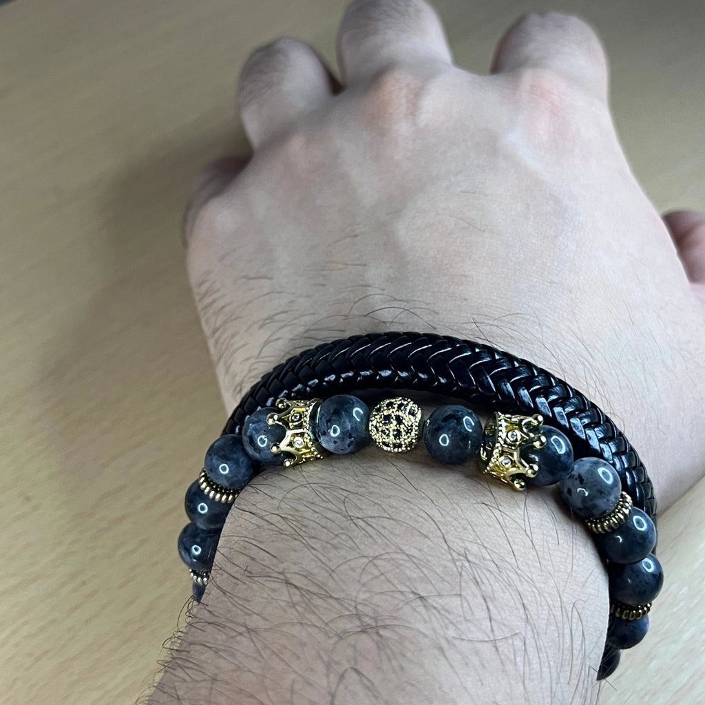 Set 2 pulseras: Cuero genuino y piedra labradorita