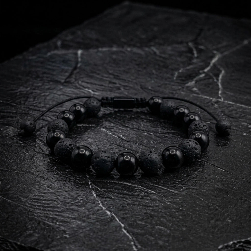 Pulsera Turmalina Negra Natural y Piedra Volcánica