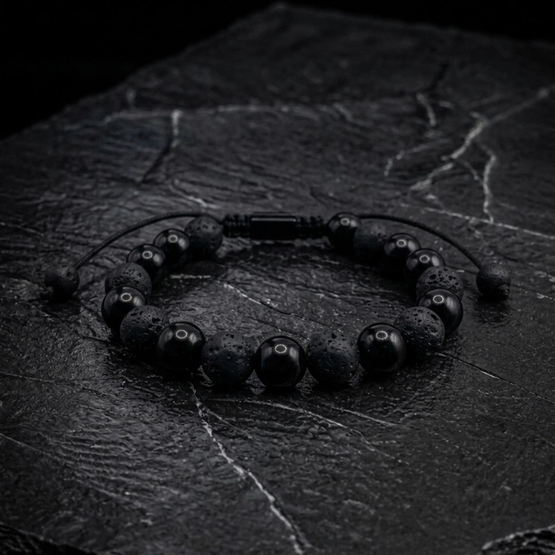 Pulsera Turmalina Negra Natural y Piedra Volcánica