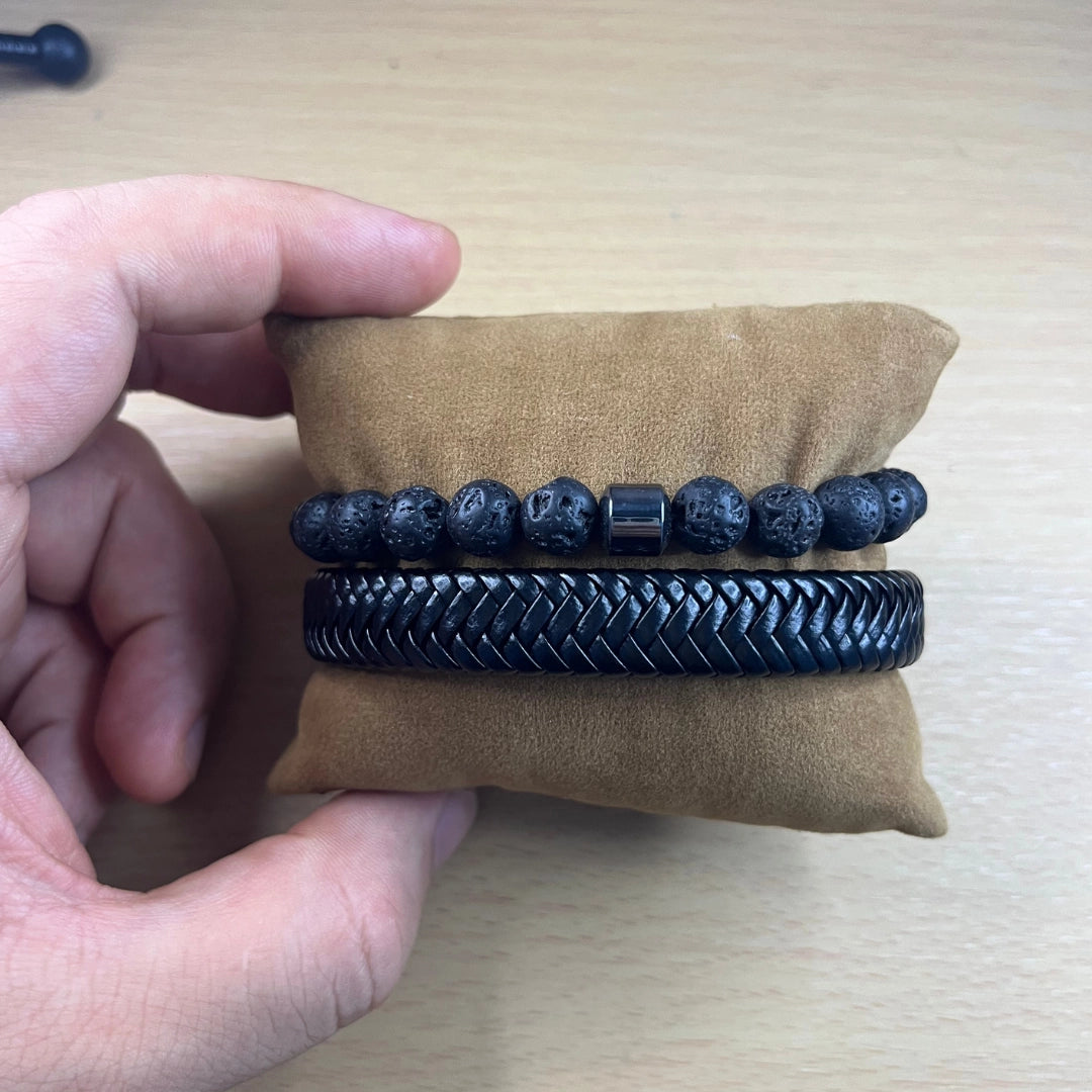 Set de cuero y piedra natural volcánica