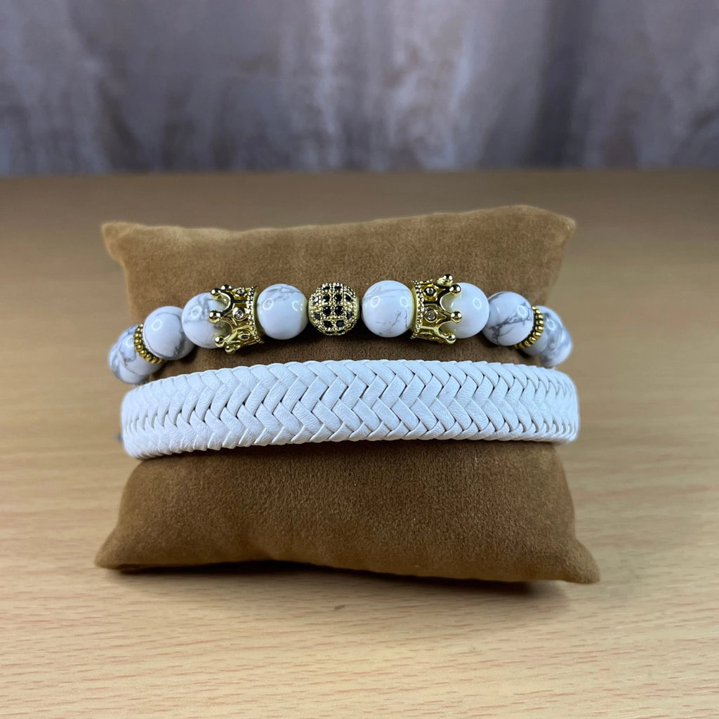 Conjunto Pulsera de cuero genuino bonino y piedra natural howlita para hombre, envios desde barranquilla