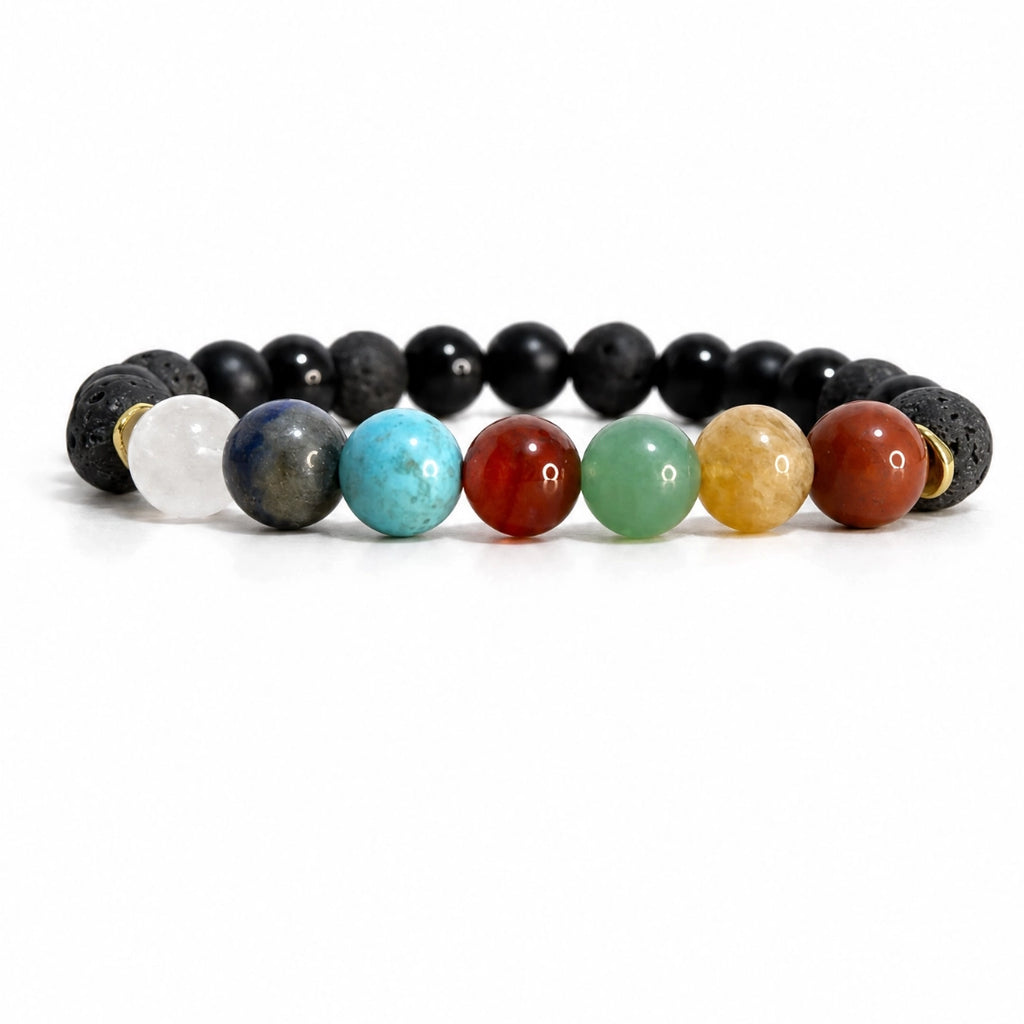 Pulsera 7 chakras KRV® sobre fondo blanco, vista frontal