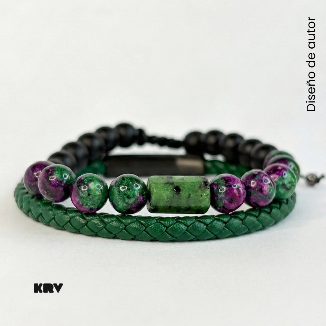 SET: Pulsera de cuero trenzado y piedra Anyolita