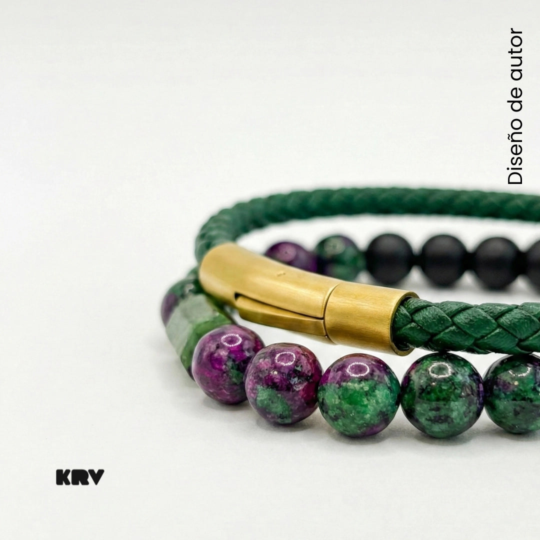 SET: Pulsera de cuero trenzado y piedra Anyolita