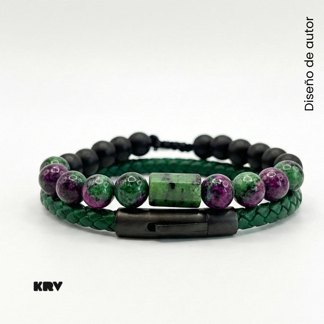 SET: Pulsera de cuero trenzado y piedra Anyolita