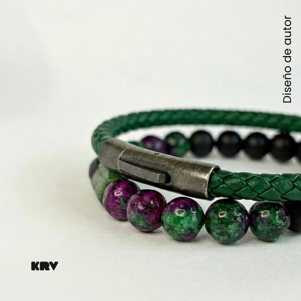 SET: Pulsera de cuero trenzado y piedra Anyolita
