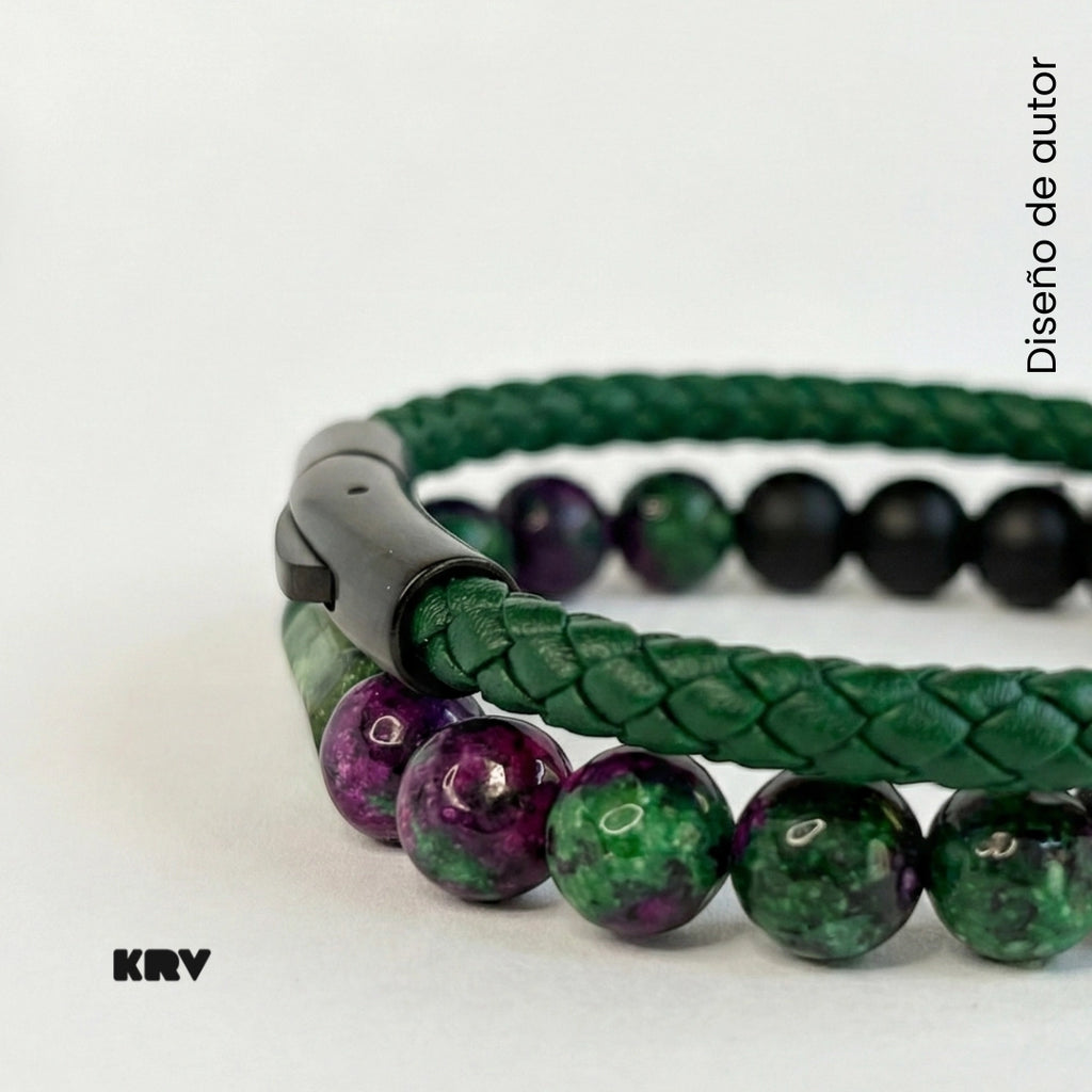SET: Pulsera de cuero trenzado y piedra Anyolita