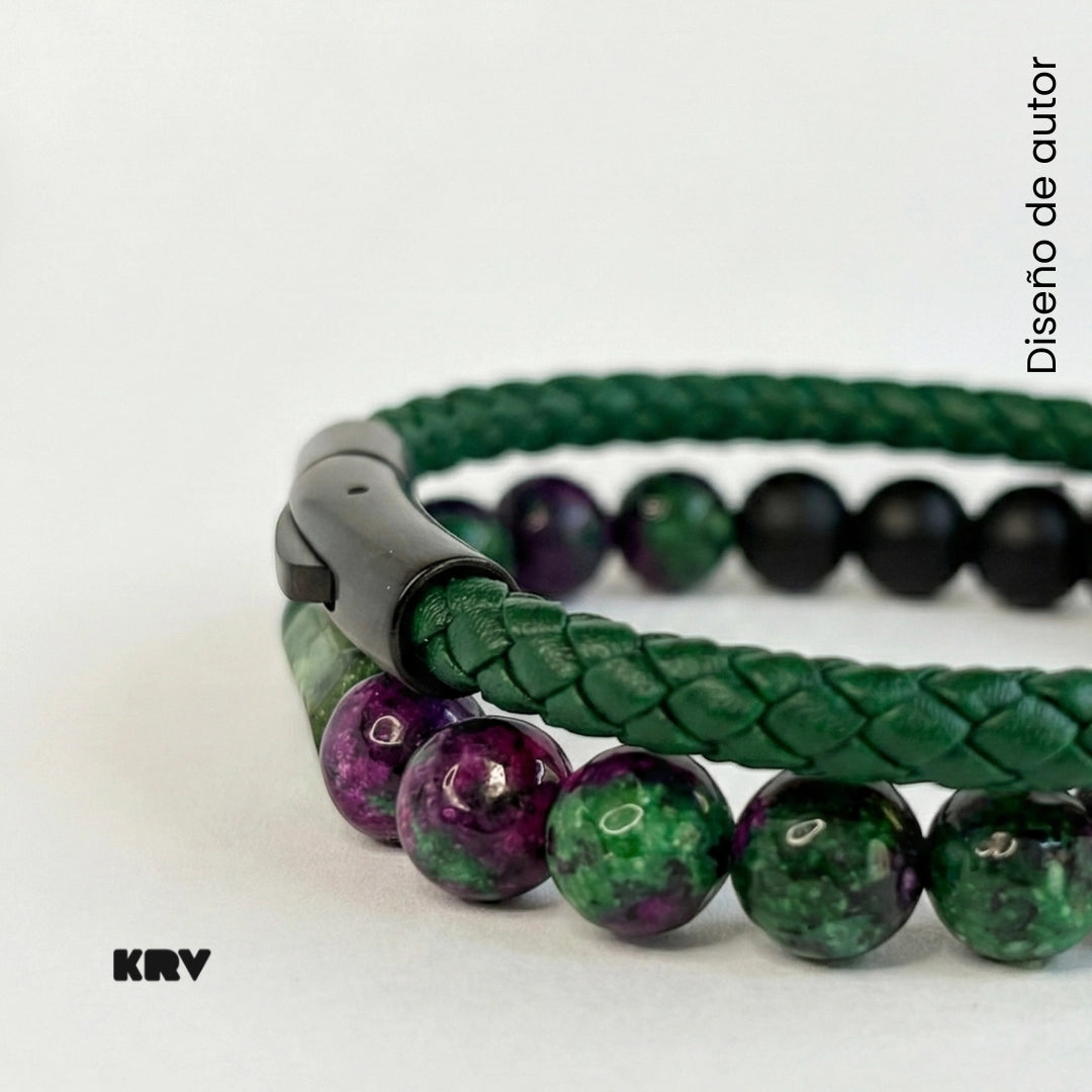 SET: Pulsera de cuero trenzado y piedra Anyolita