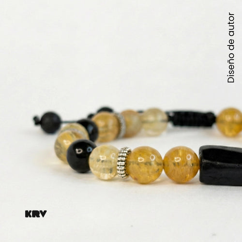Pulsera ajustable para hombre de piedras naturales Citrino amarillo y Turmalina negra hecha a mano.