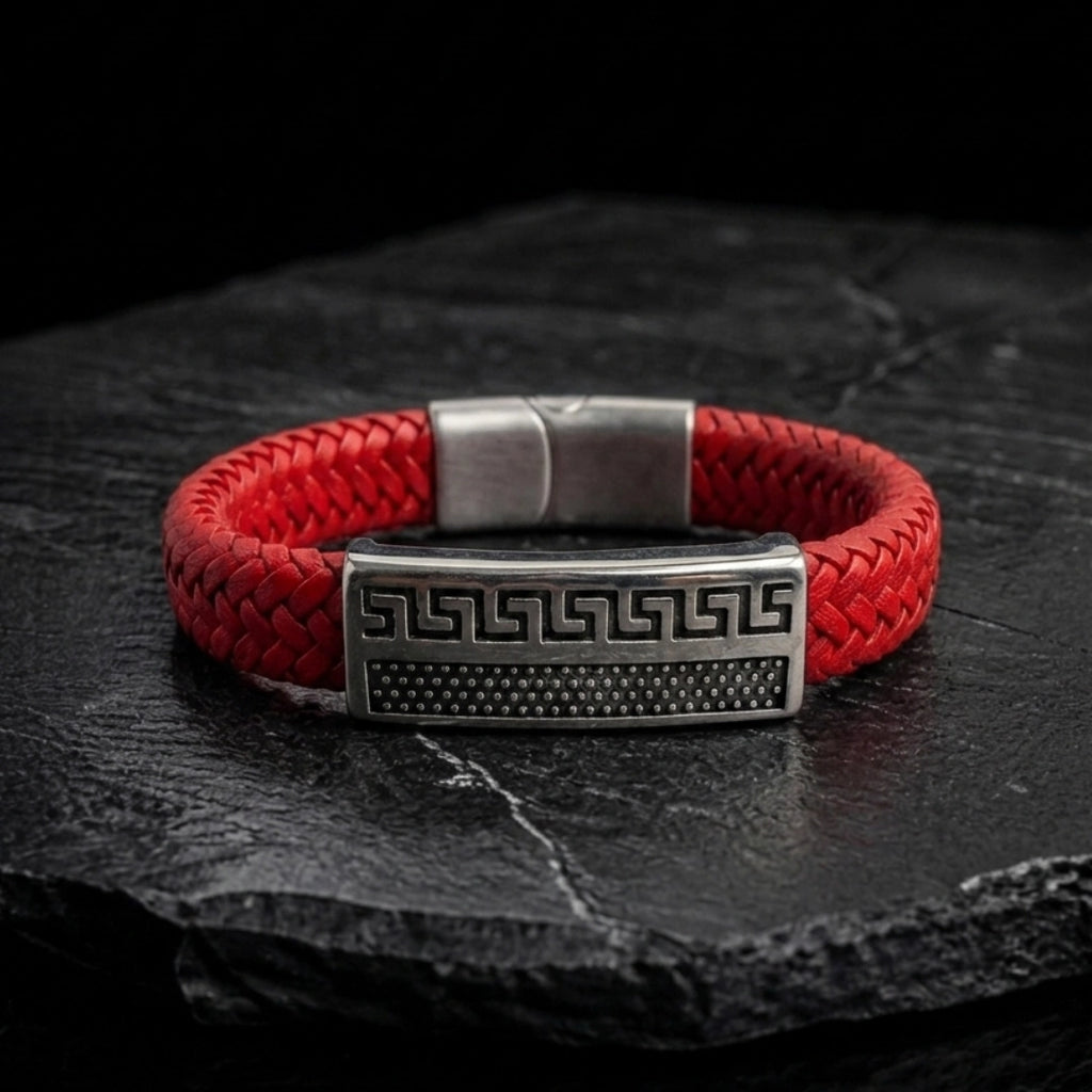 Pulsera Atenas cuero rojo trenzado con broche magnético de acero color plateado.
