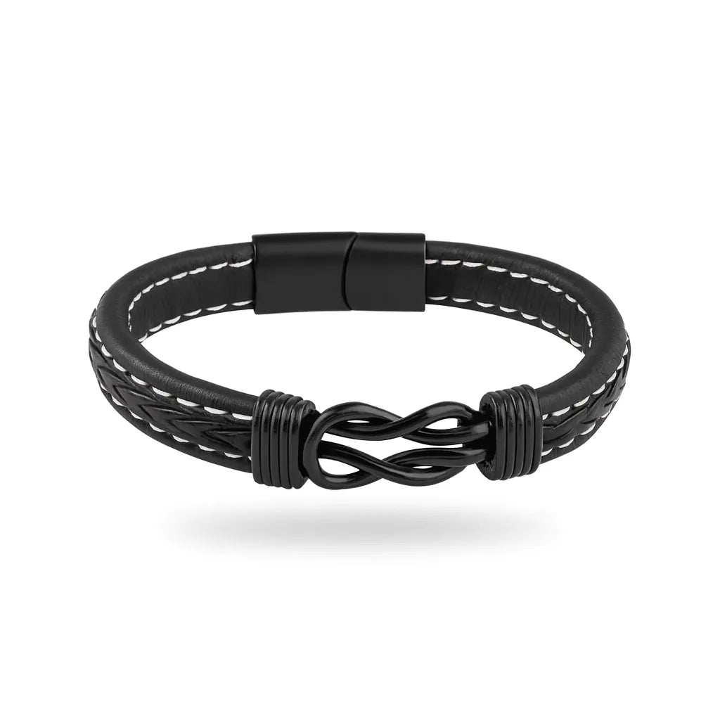 Pulsera de cuero negro trenzado para hombre con símbolo de infinito metálico central y cierre magnético