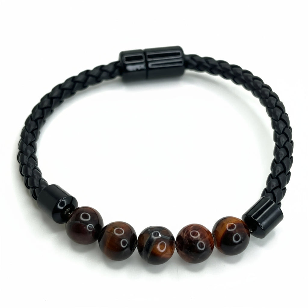 Pulsera de cuero con piedras de ojo de tigre roja, para hombre