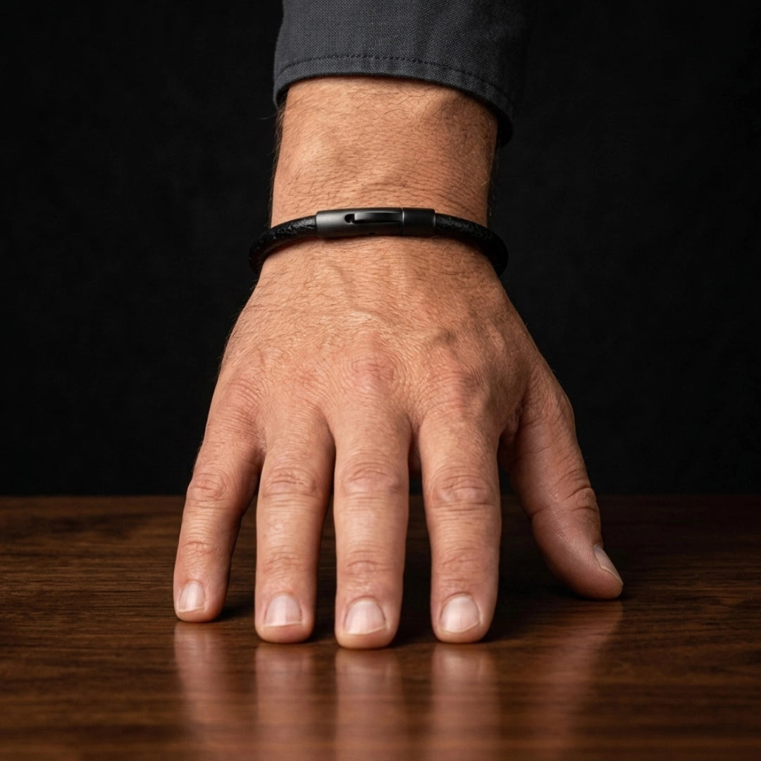 Hombre usando pulsera delgada de cuero negro con broche de acero negro en la muñeca