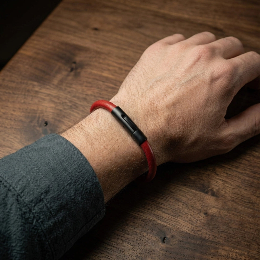 Hombre usando pulsera delgada de cuero rojo con broche de acero negro en la muñeca