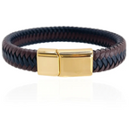 Pulsera de cuero trenzado marrón y negro para hombre con broche magnético dorado