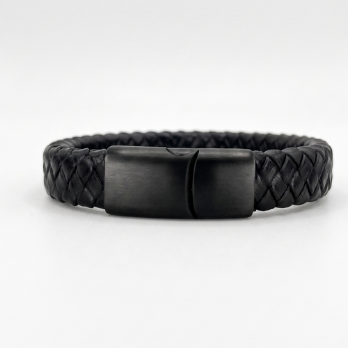 Pulsera cuero natural rústico negro, vista de textura