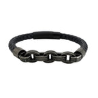 Pulsera para hombre de cuero trenzado negro con cadena de metal envejecido y cierre imantado, estilo urbano.