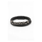 Pulsera para hombre de cuero trenzado negro con cadena metálica y cierre imantado, estilo urbano y resistente.
