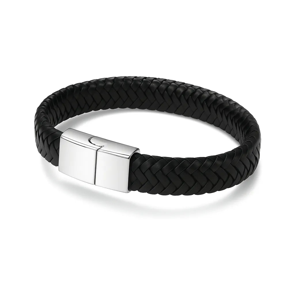 Pulsera de cuero trenzado negro para hombre con cierre magnético rectangular plateado
