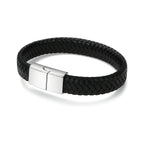 Pulsera de cuero trenzado negro para hombre con cierre magnético rectangular plateado
