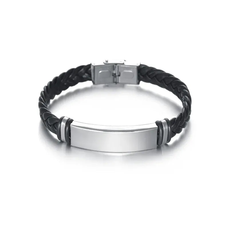 Pulsera de cuero trenzado negro para hombre con placa central de acero inoxidable plateado y broche metálico